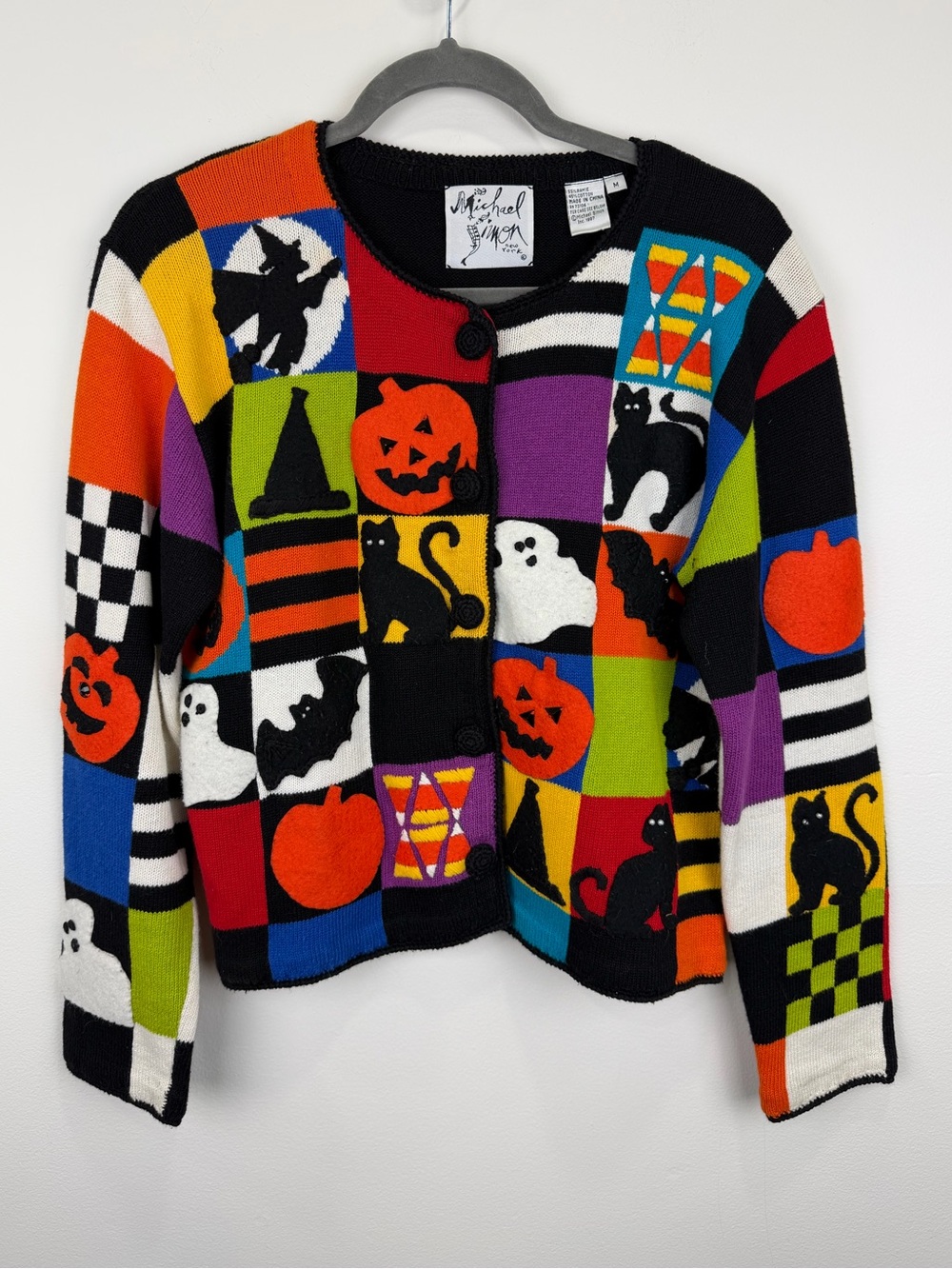 Vintage Michael Simon Halloween Patchwork Cardigan Sweater Medium 90s